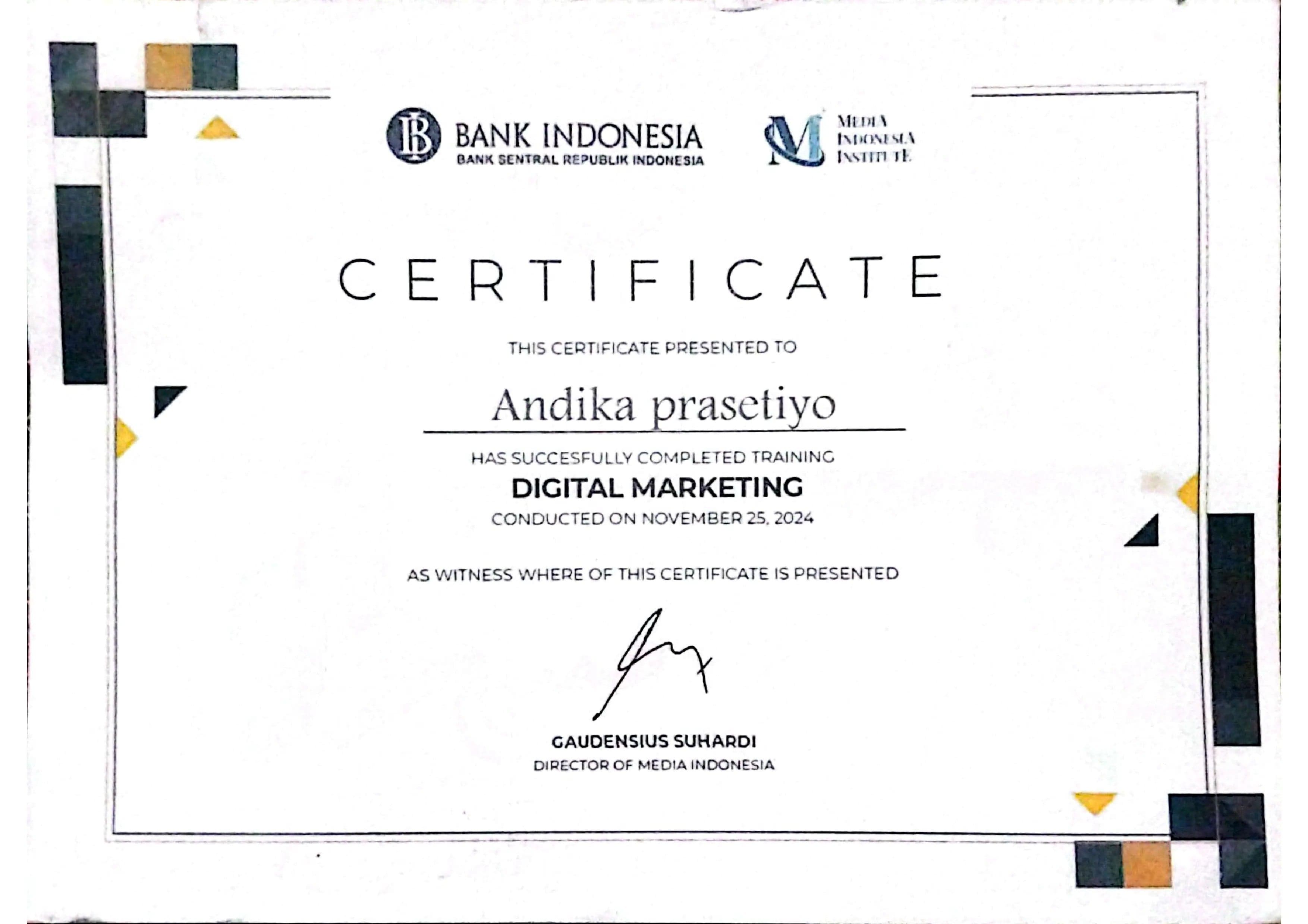 Digital Marketing Training Certificate from Bank Indonesia and Media Indonesia Institute
