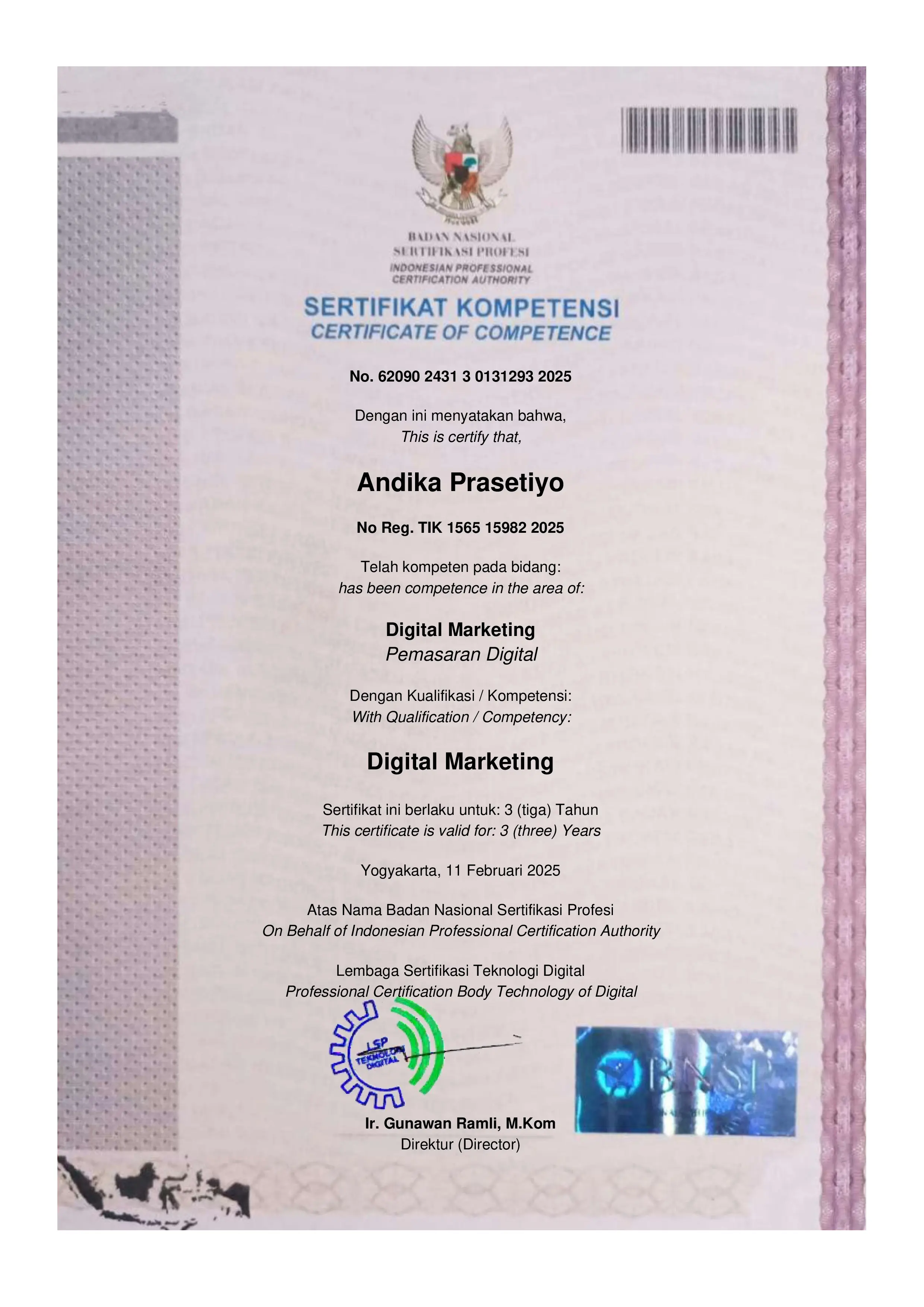 BNSP Certificate of Competence in Digital Marketing for Andika Prasetiyo
