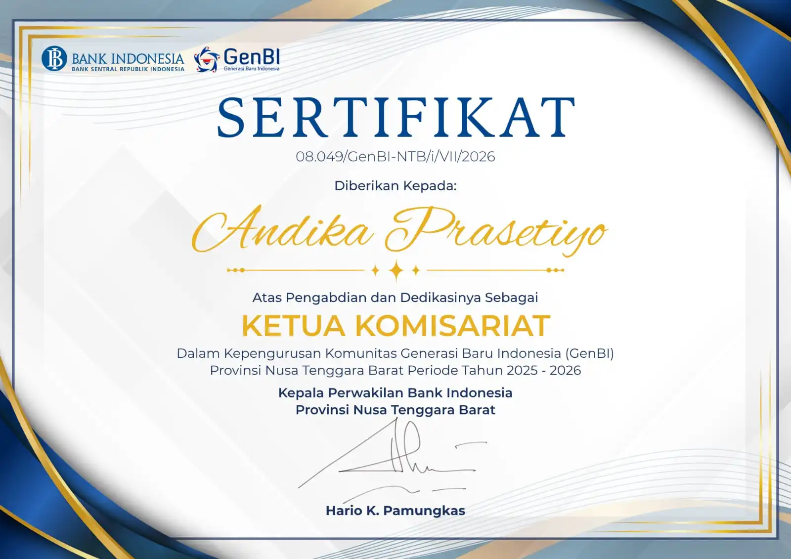 Certificate of Dedication as GenBI Commissariat Chair from Bank Indonesia for Andika Prasetiyo