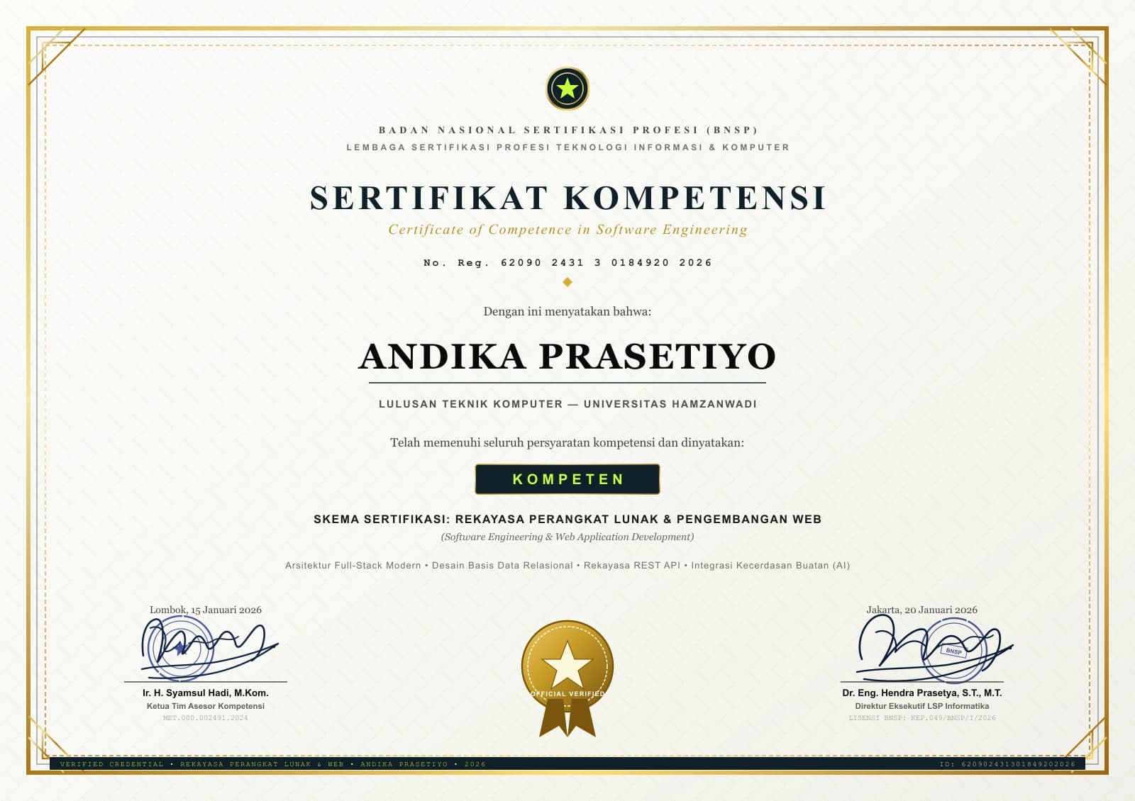 BNSP Certificate of Competence in Software Engineering and Web Development for Andika Prasetiyo
