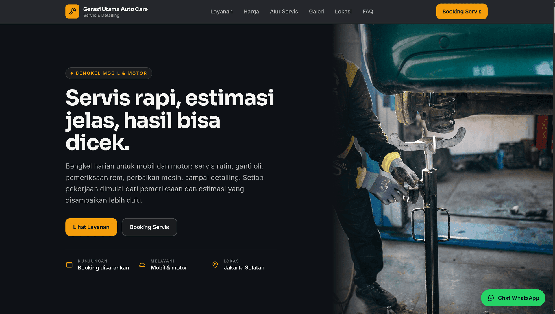 Pratinjau antarmuka landing page bengkel Garasi Utama Auto Care